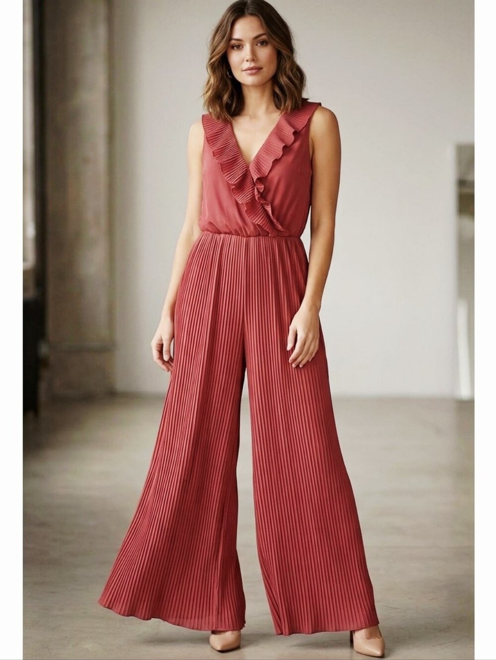 Elegant Ruffled Jumpsuit in Garnet Rose Color Size 14/16